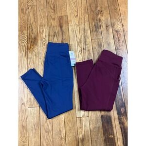 POP FIT Lot‎ of 2 Athletic Leggings Blue Burgundy Size M High Waist Pockets